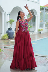 Maroon Rayon Navratri Gown with Kutchi Gamthi Embroidery & Mirror Work – Sleeveless with Flair