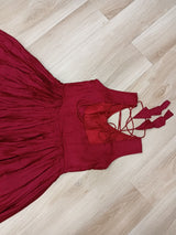 Maroon Rayon Navratri Gown with Kutchi Gamthi Embroidery & Mirror Work – Sleeveless with Flair