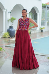 Maroon Rayon Navratri Gown with Kutchi Gamthi Embroidery & Mirror Work – Sleeveless with Flair