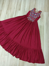 Maroon Rayon Navratri Gown with Kutchi Gamthi Embroidery & Mirror Work – Sleeveless with Flair