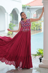Maroon Rayon Navratri Gown with Kutchi Gamthi Embroidery & Mirror Work – Sleeveless with Flair