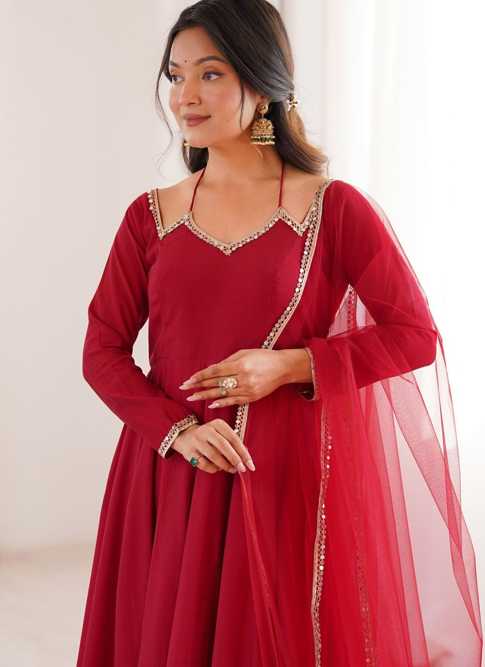 Maroon roman silk chanderi anarkali suit with net dupatta for wedding functions
