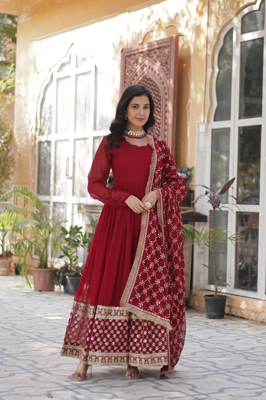 Maroon Embroidered Zari Sequins Gown Set