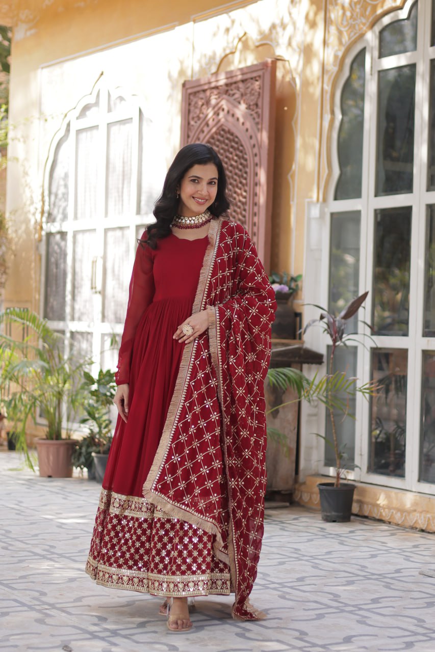 Maroon Embroidered Zari Sequins Gown Set
