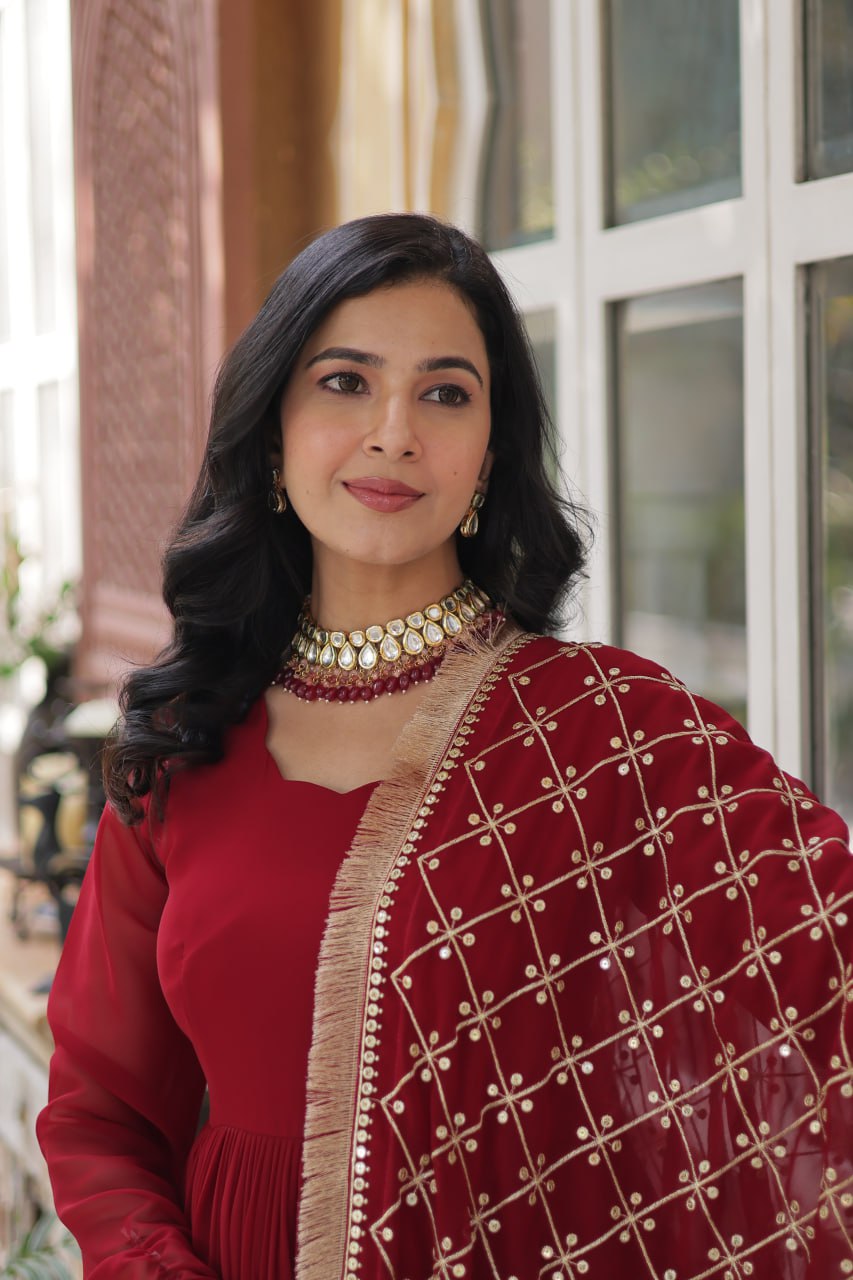 Maroon Embroidered Zari Sequins Gown Set