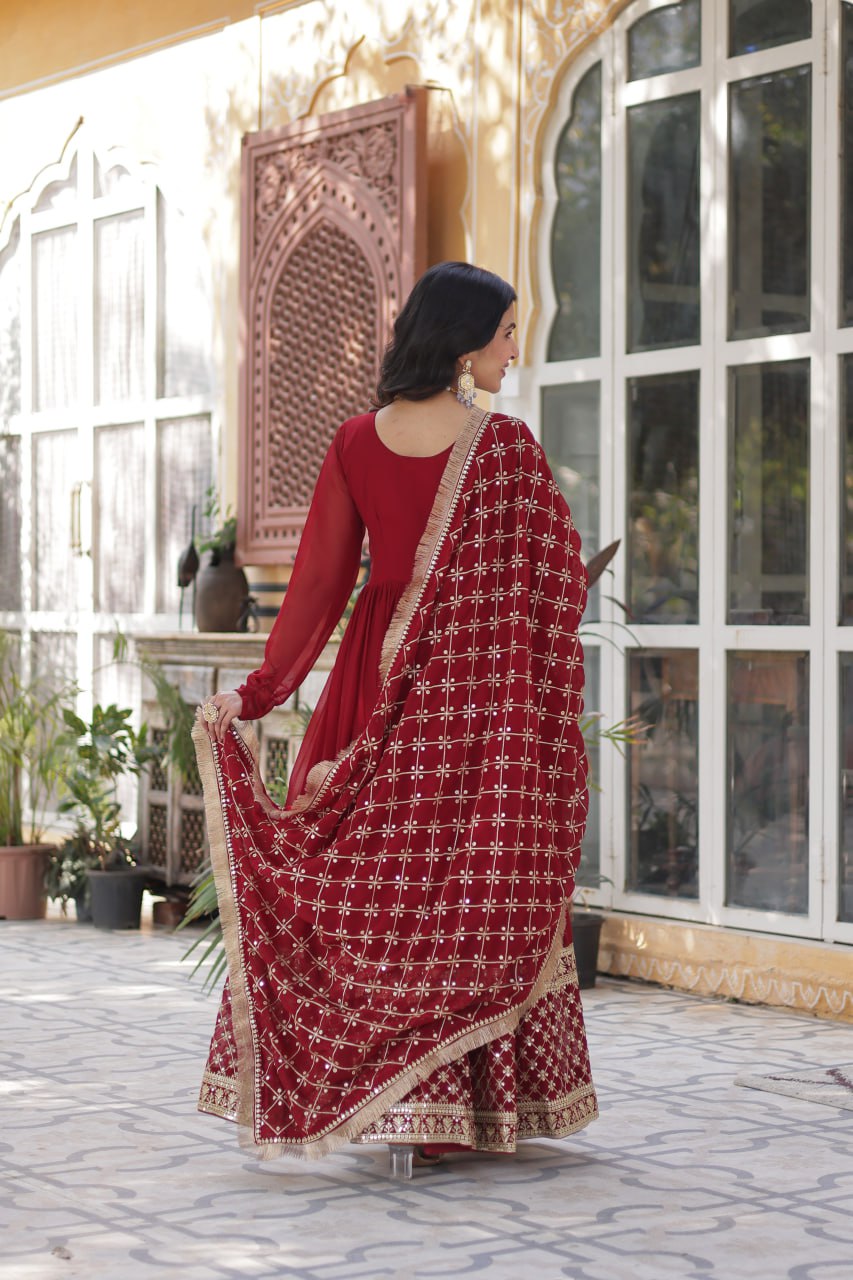Maroon Embroidered Zari Sequins Gown Set