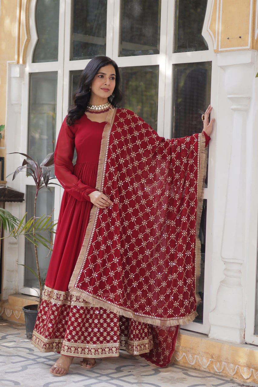 Maroon Embroidered Zari Sequins Gown Set