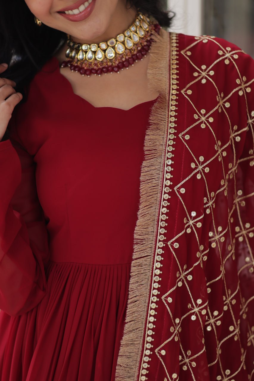 Maroon Embroidered Zari Sequins Gown Set