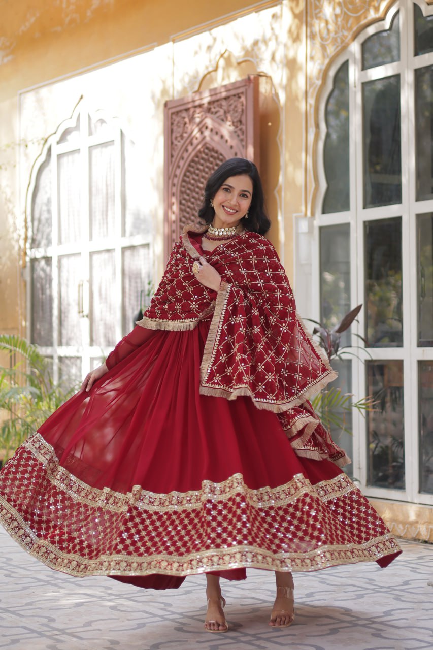 Maroon Embroidered Zari Sequins Gown Set