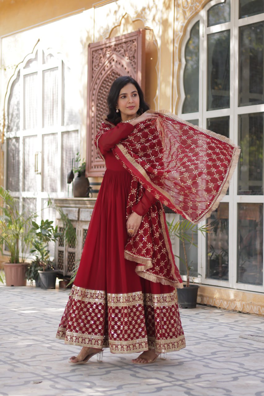 Maroon Embroidered Zari Sequins Gown Set