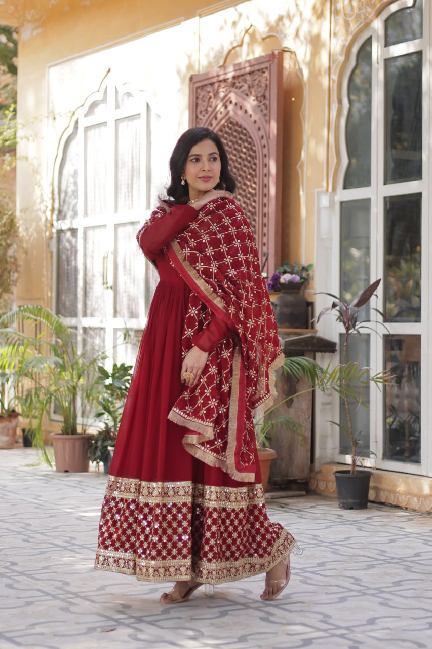Maroon Embroidered Zari Sequins Gown Set