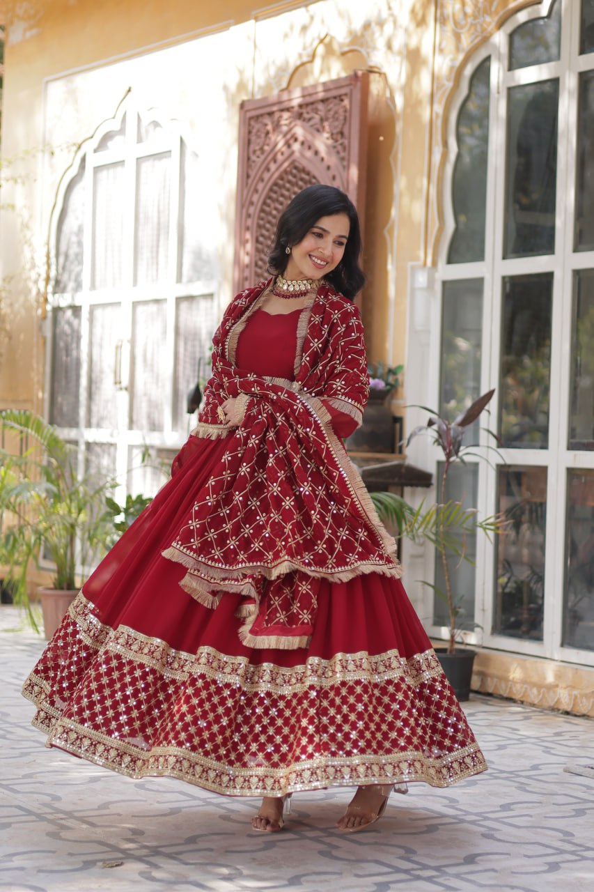 Maroon Embroidered Zari Sequins Gown Set