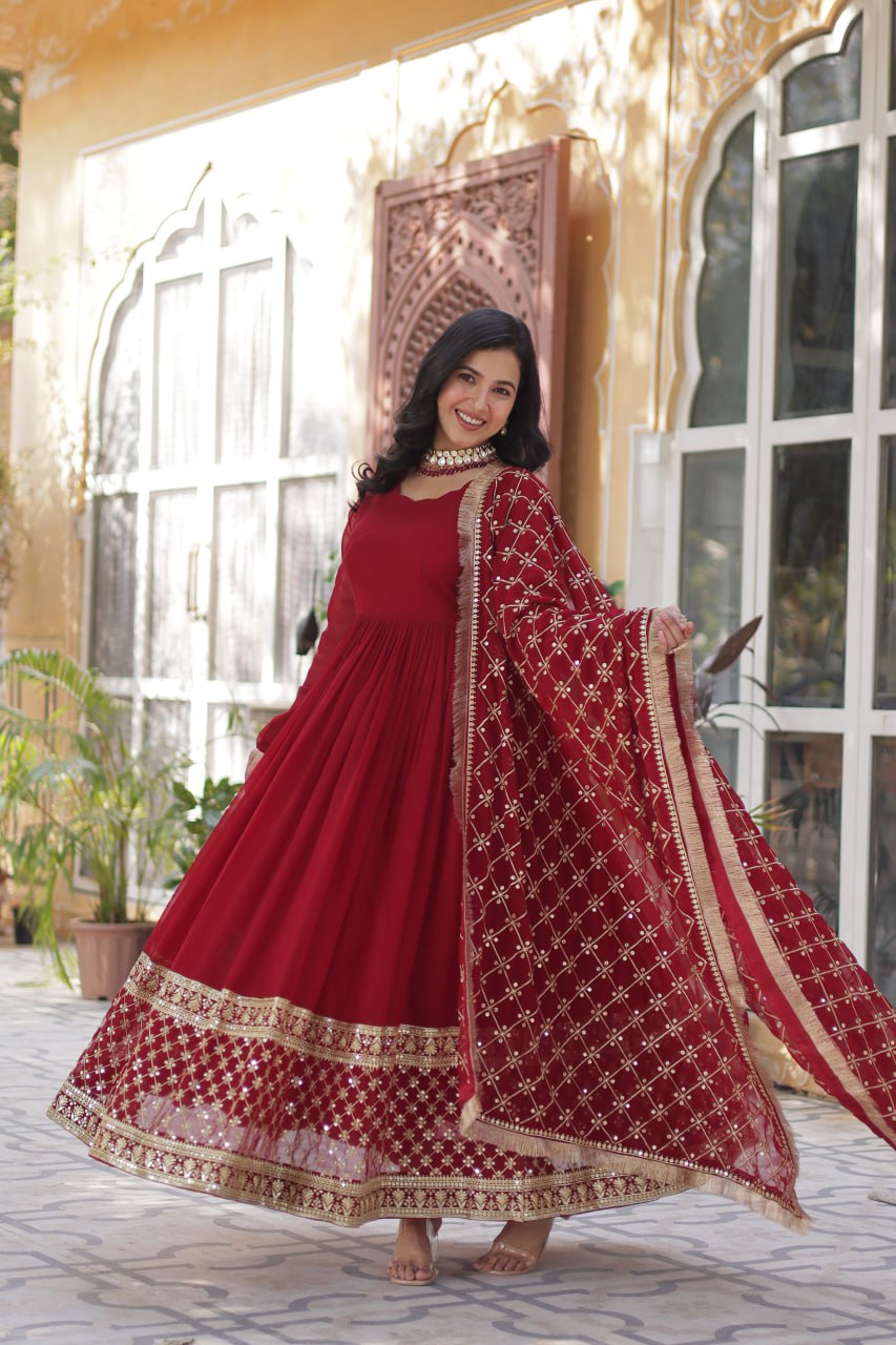 Maroon Embroidered Zari Sequins Gown Set