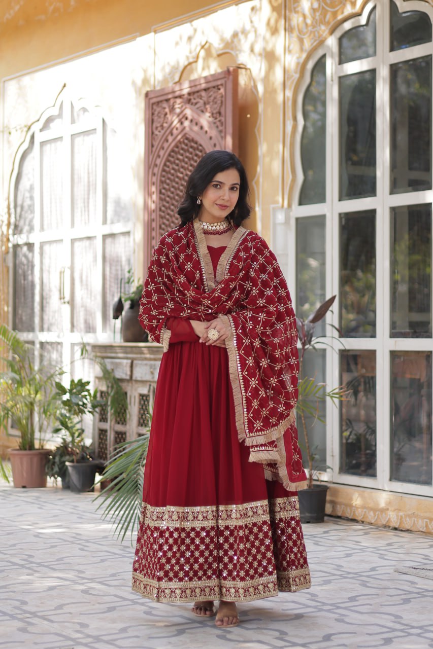 Maroon Embroidered Zari Sequins Gown Set