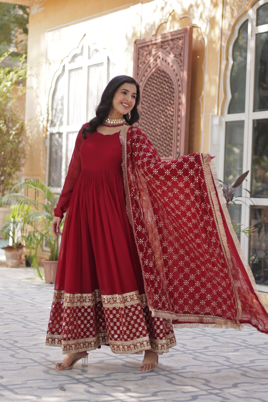 Maroon Embroidered Zari Sequins Gown Set