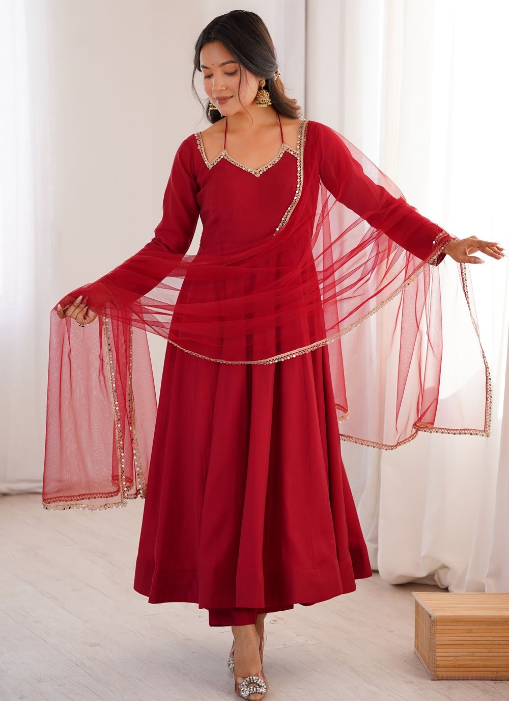 Maroon roman silk chanderi anarkali suit with net dupatta for wedding functions