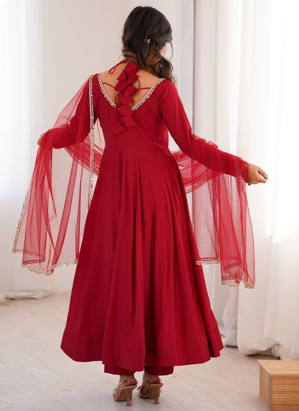 Maroon roman silk chanderi anarkali suit with net dupatta for wedding functions