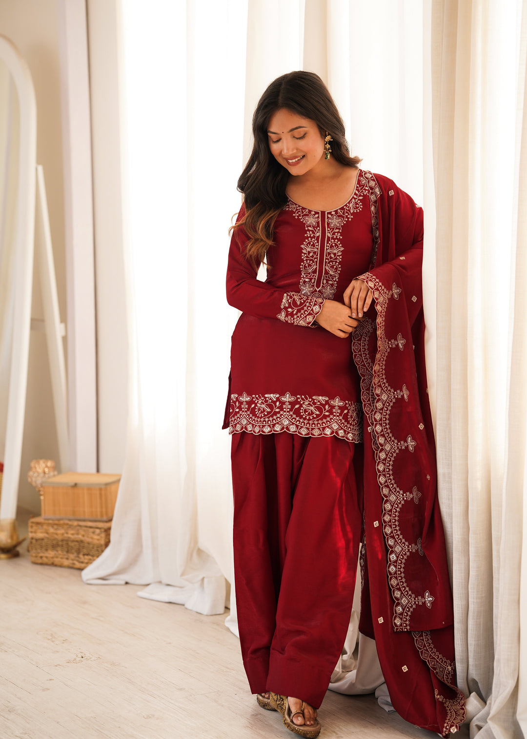 Maroon Roman Silk Farshi Shalwar Set