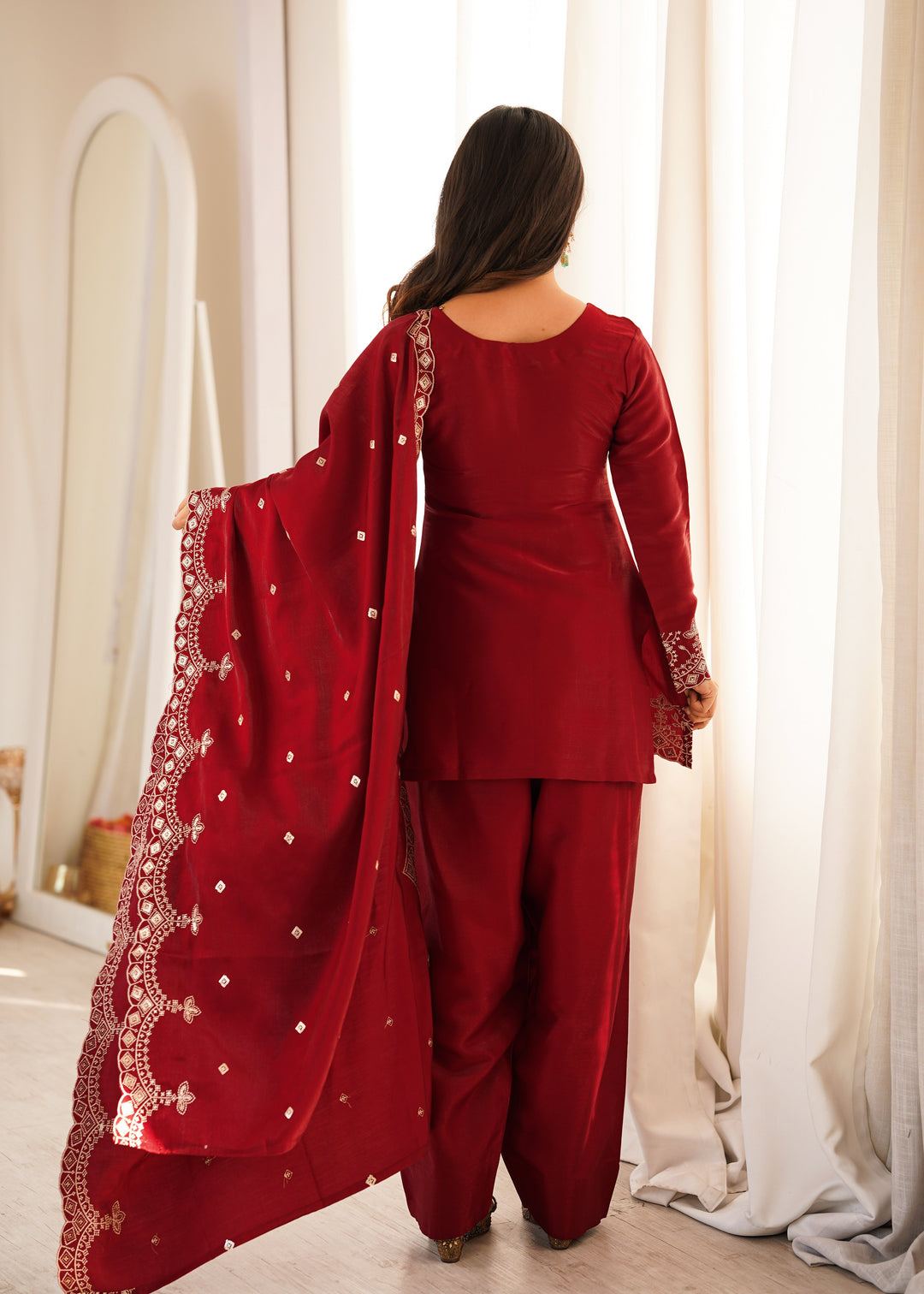 Maroon Roman Silk Farshi Shalwar Set