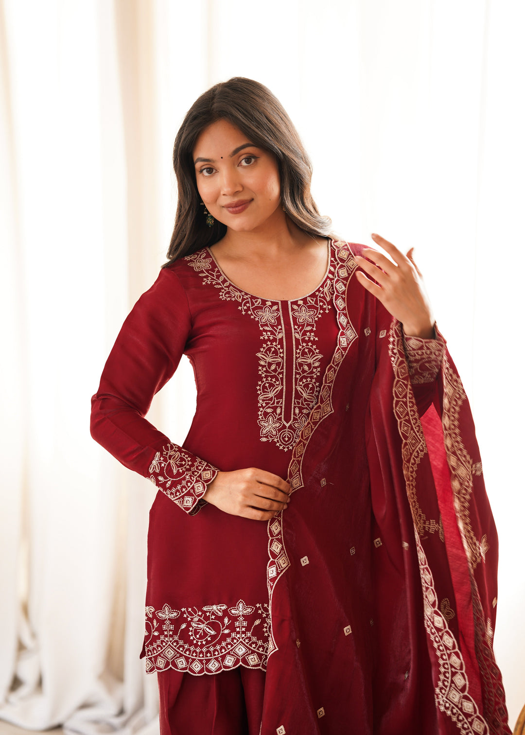 Maroon Roman Silk Farshi Shalwar Set