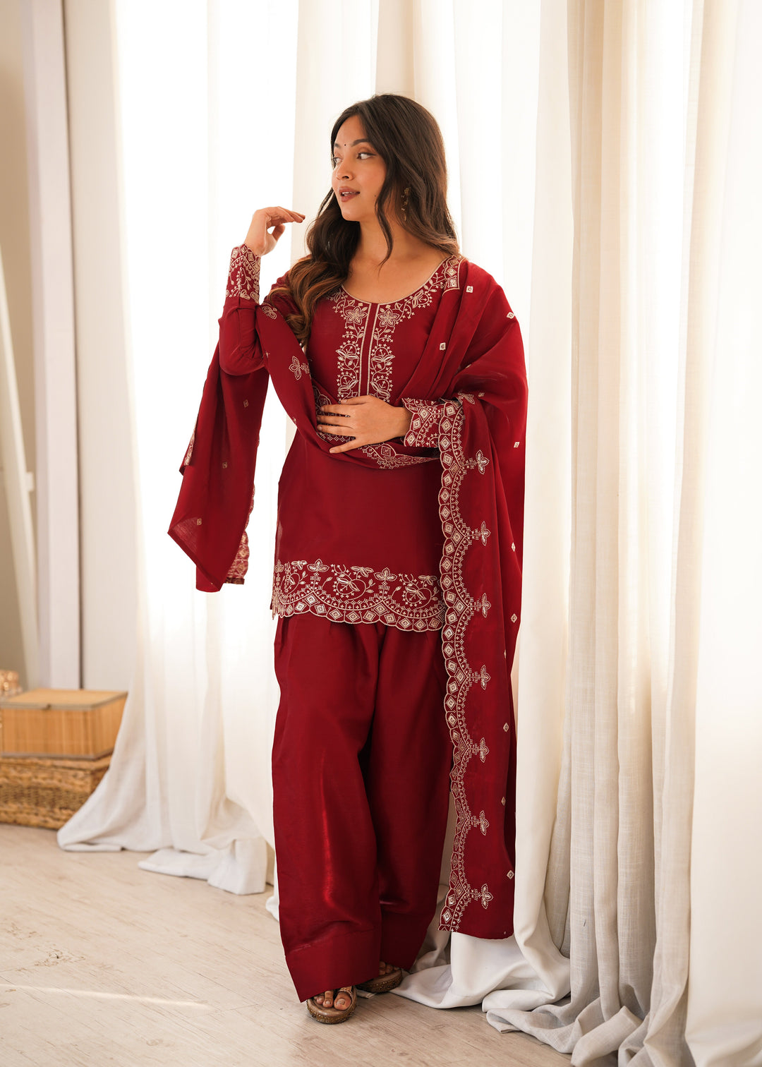 Maroon Roman Silk Farshi Shalwar Set