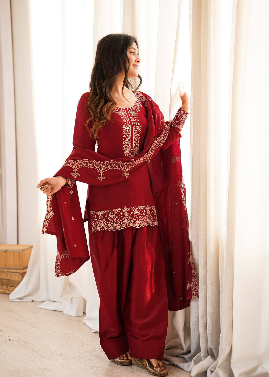 Maroon Roman Silk Farshi Shalwar Set