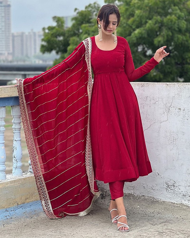 Maroon Sequence Embroidered Georgette Anarkali Suit with Dupatta