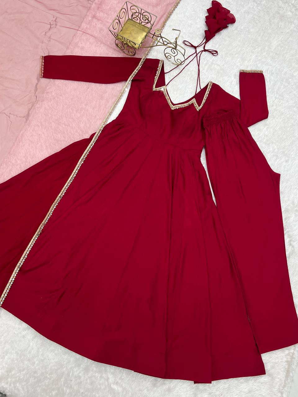 Maroon Silk Chanderi Anarkali Set