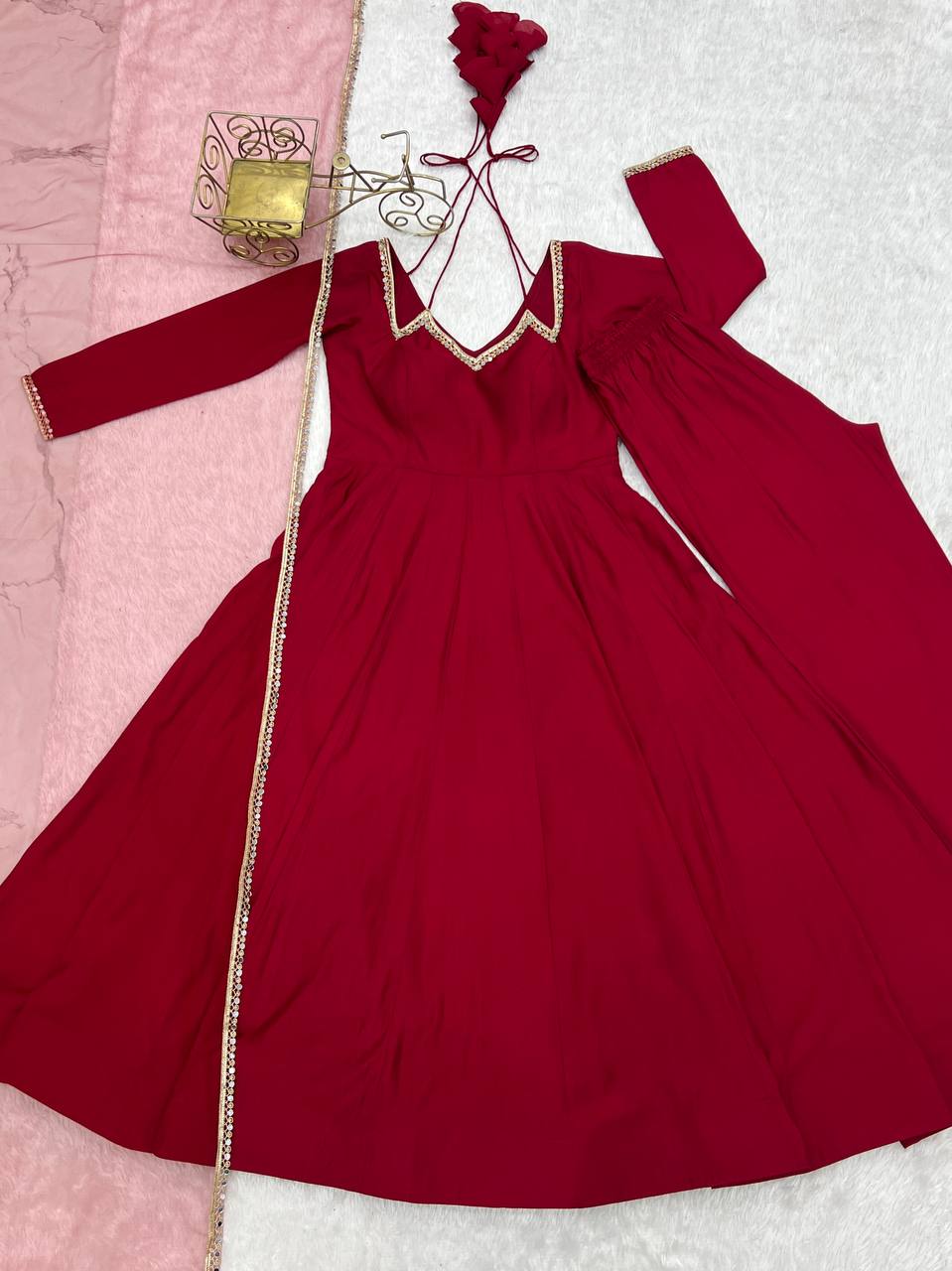 Maroon Silk Chanderi Anarkali Set