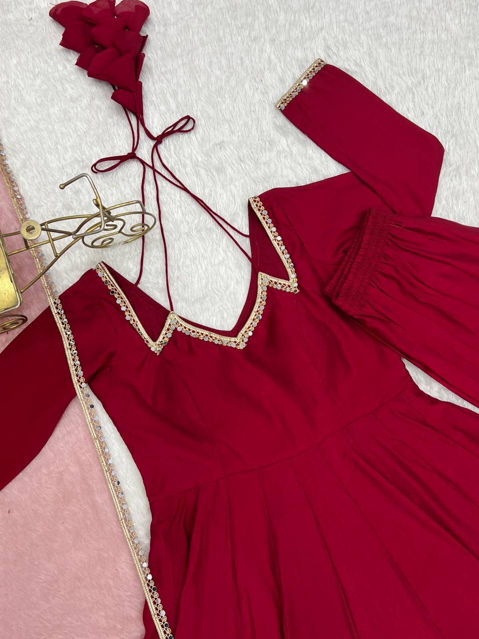 Maroon Silk Chanderi Anarkali Set