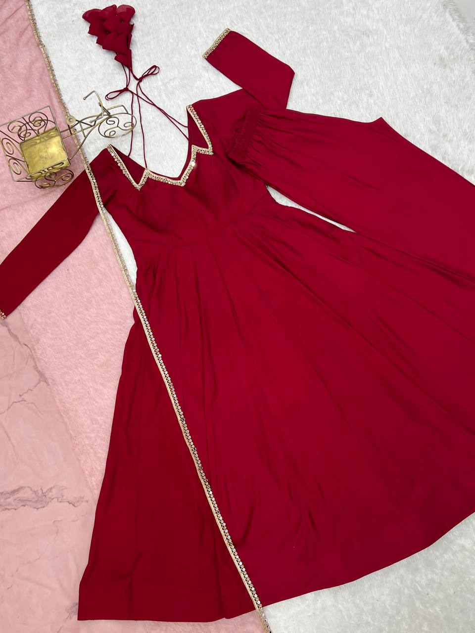 Maroon Silk Chanderi Anarkali Set