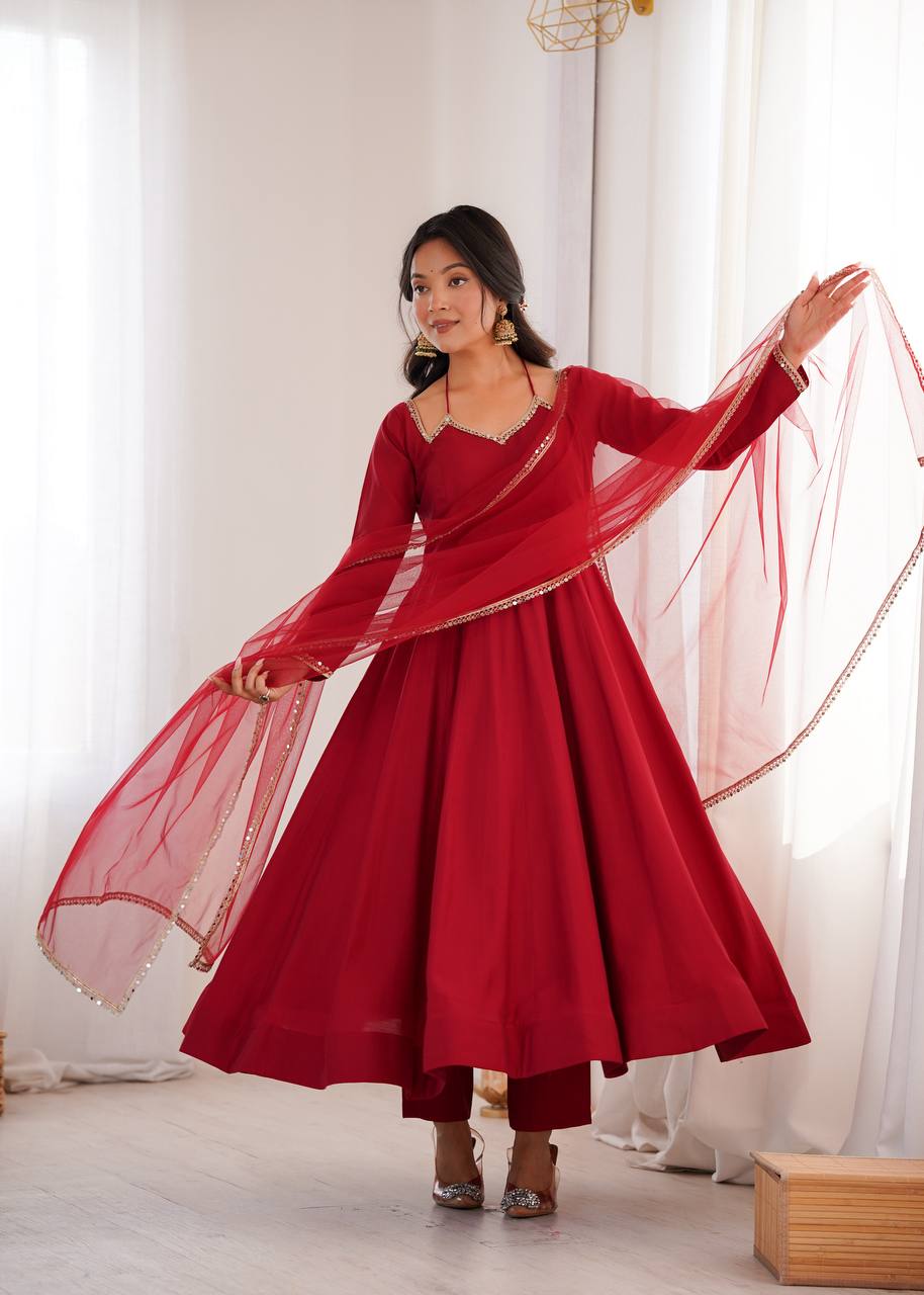 Maroon Silk Chanderi Anarkali Set
