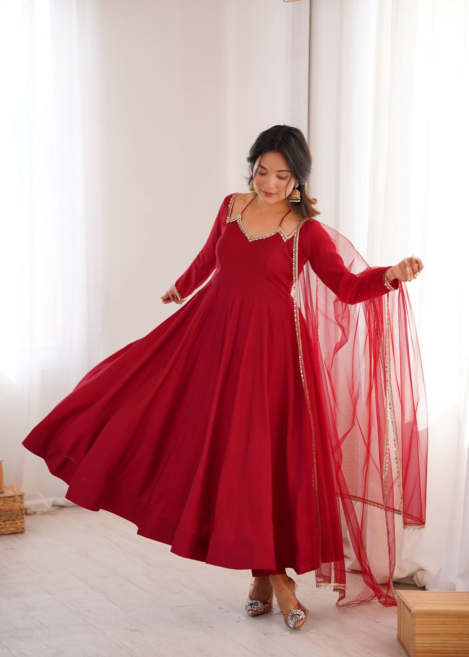 Maroon Silk Chanderi Anarkali Set