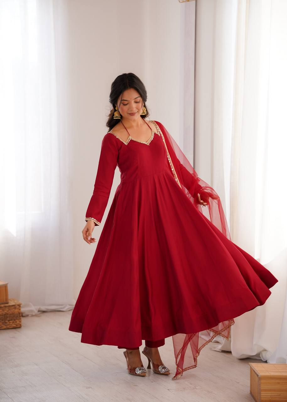 Maroon Silk Chanderi Anarkali Set