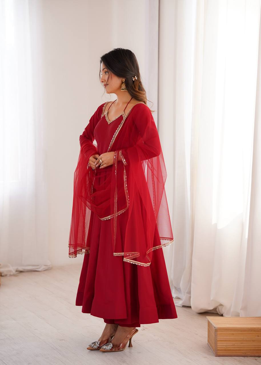 Maroon Silk Chanderi Anarkali Set