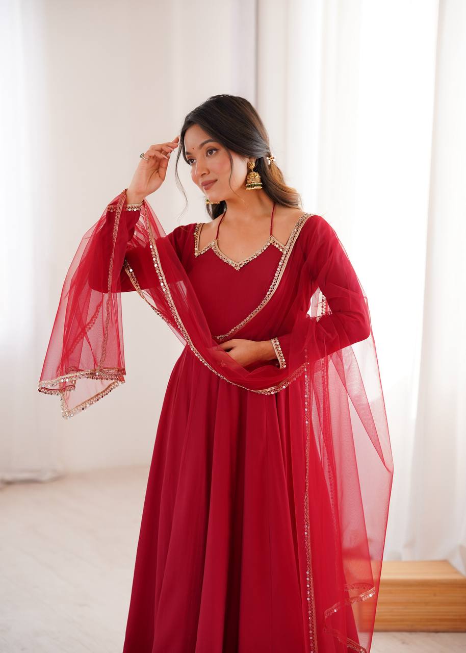 Maroon Silk Chanderi Anarkali Set