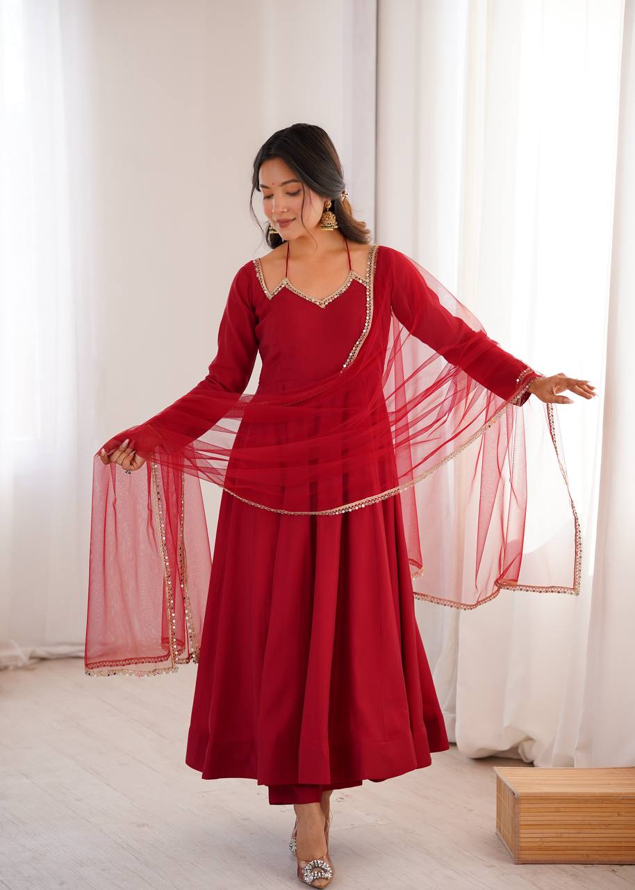 Maroon Silk Chanderi Anarkali Set