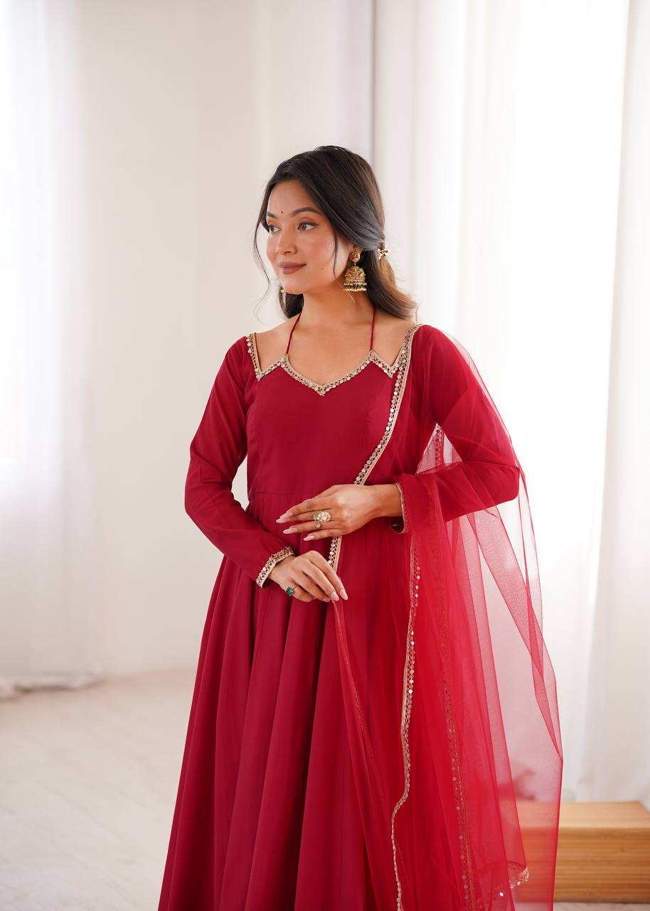 Maroon Silk Chanderi Anarkali Set