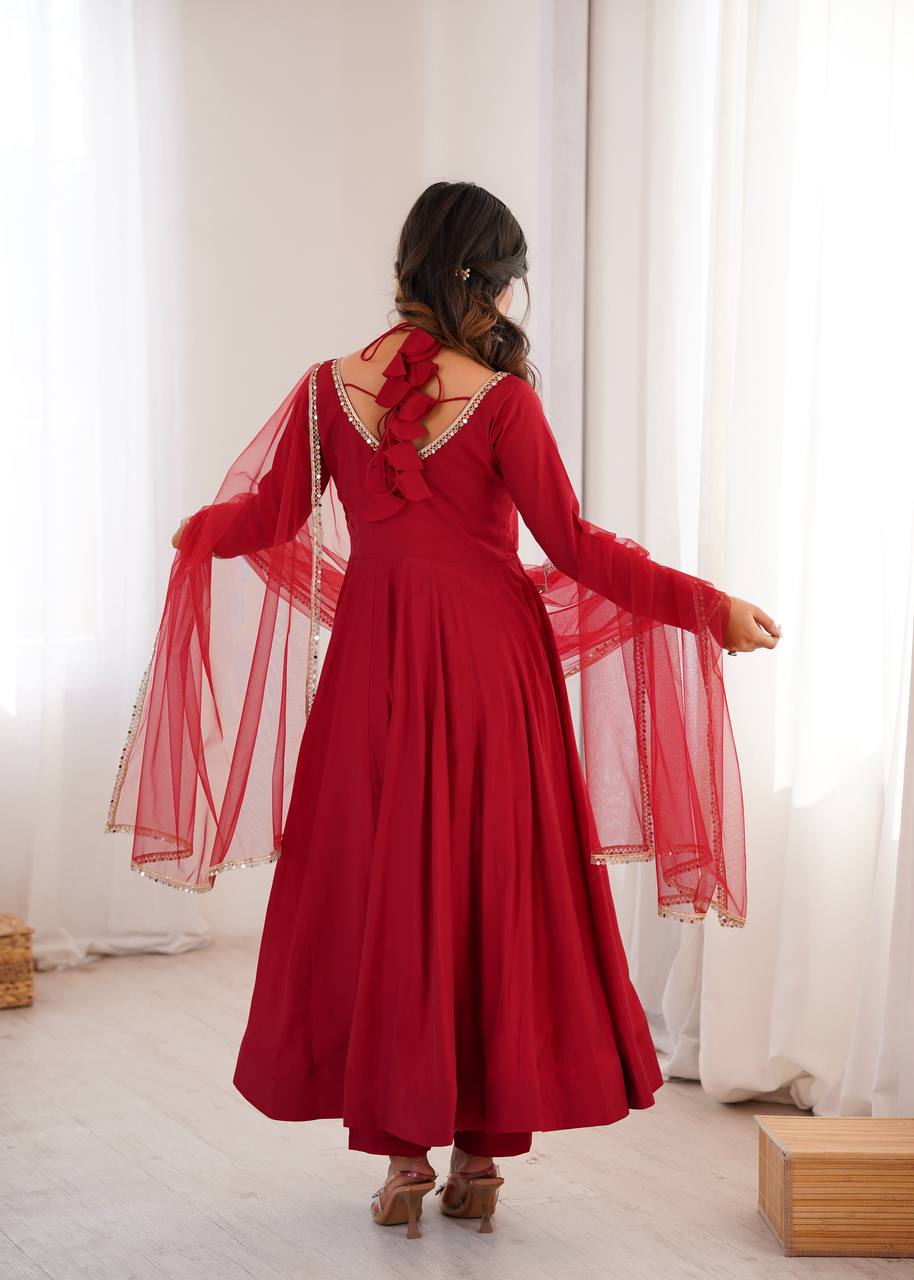 Maroon Silk Chanderi Anarkali Set