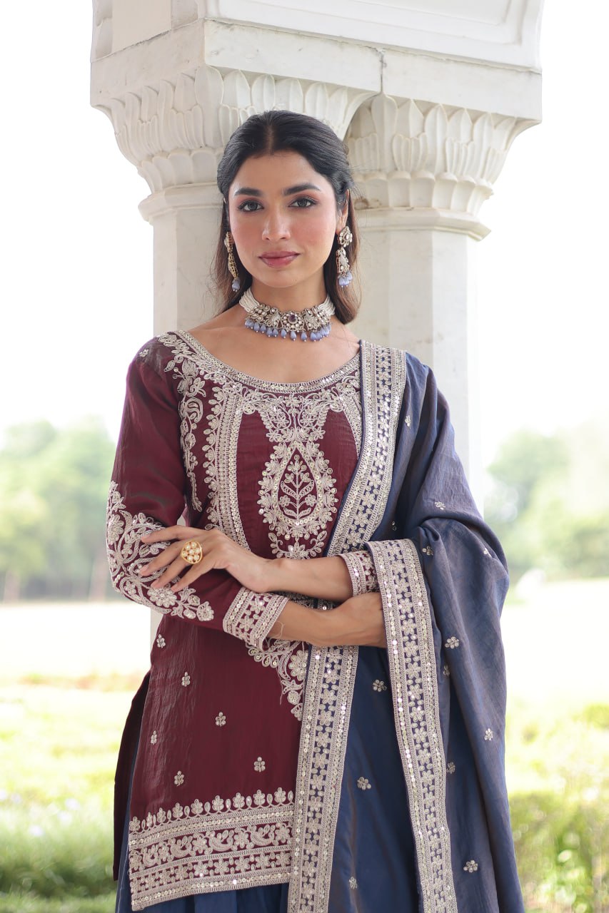 Maroon Silk Sharara Set with Matching Dupatta