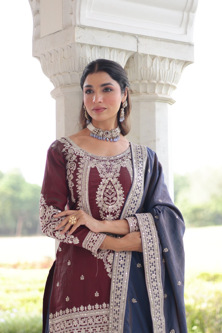 Maroon Silk Sharara Set with Matching Dupatta