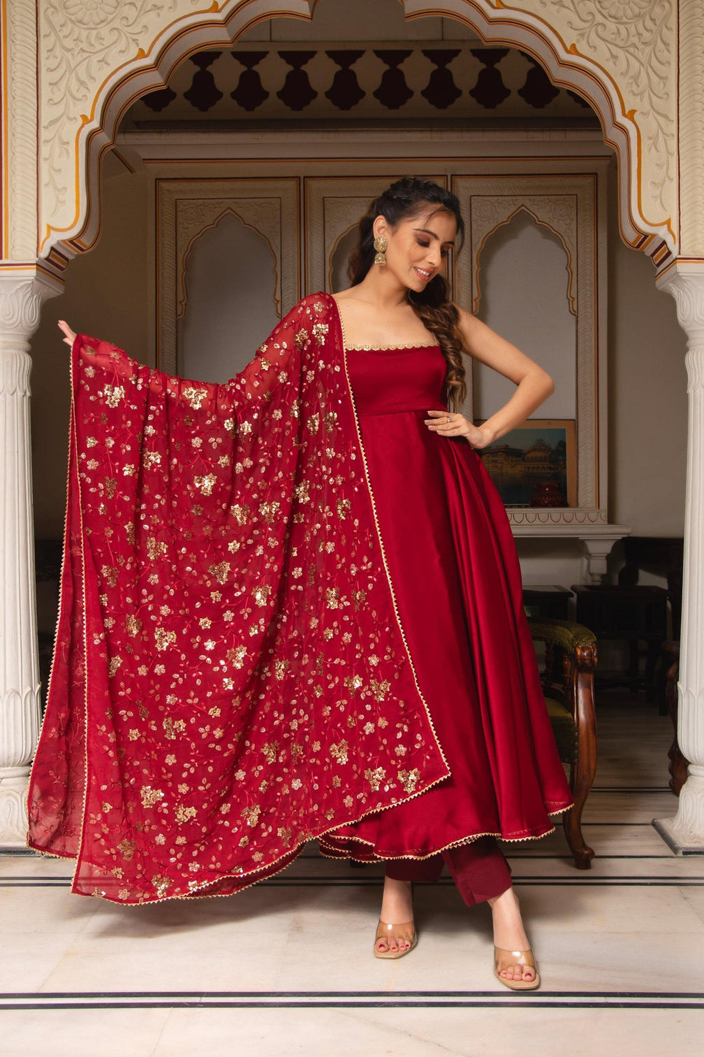 Maroon Soft Georgette Sleeveless Anarkali Suit with Sequence Work Dupatta and Crepe Silk Pants – Ready-to-Wear Ethnic Elegance