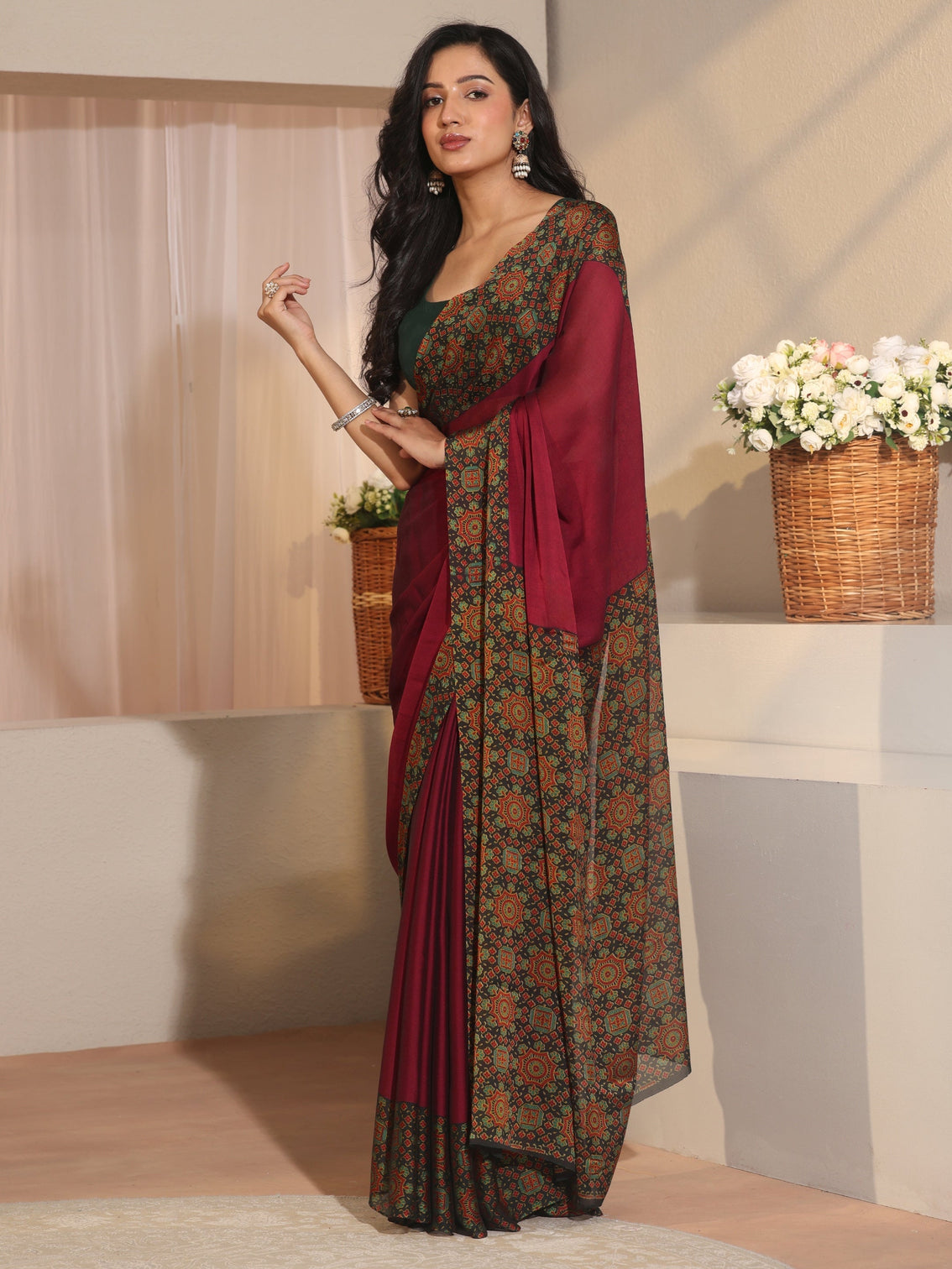 Mameraa Maroon Chiffon Saree with Printed Border