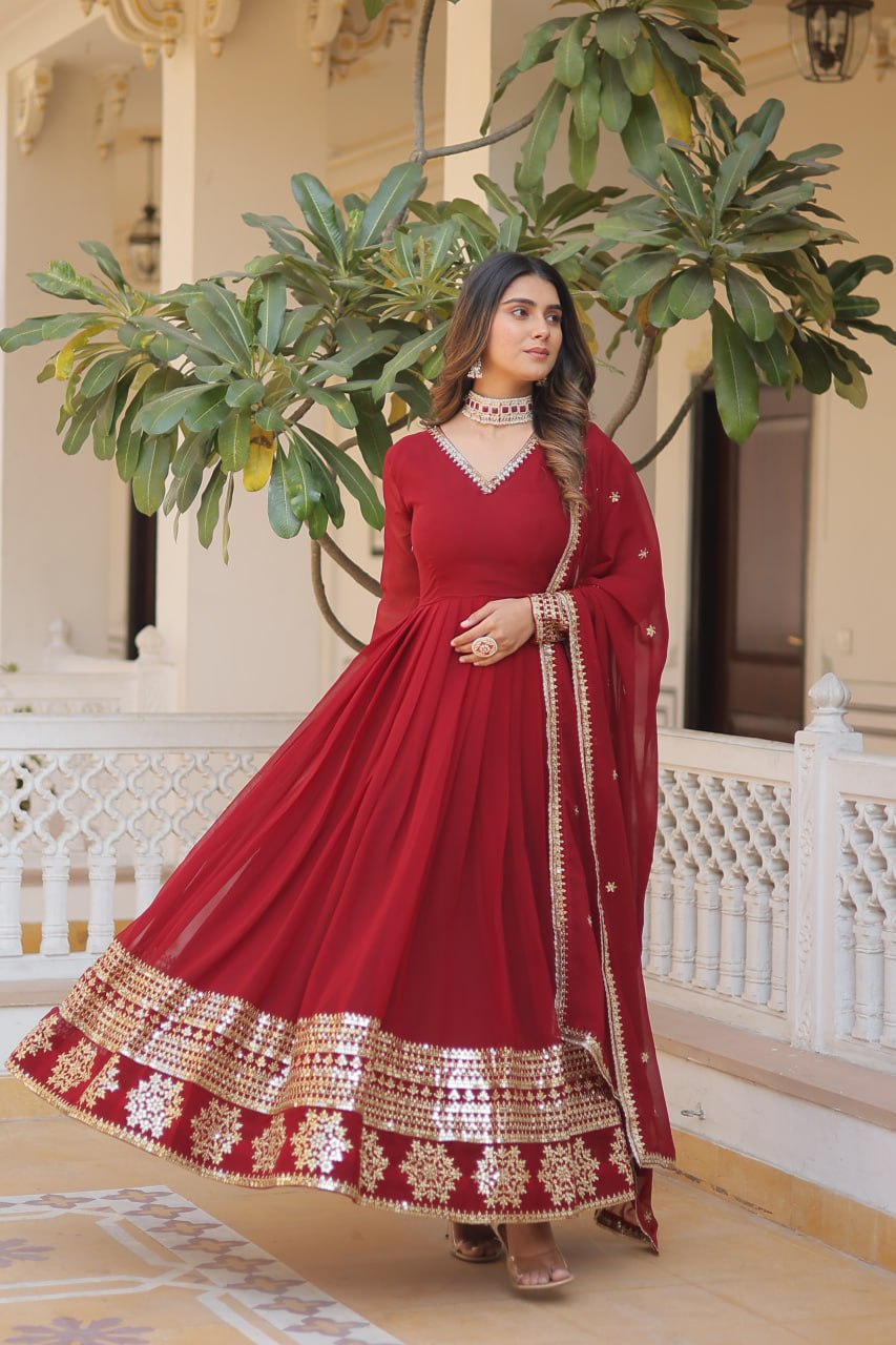 Maroon Sparkling Faux Blooming Gown with Embroidered Sequins & Designer Lace Dupatta