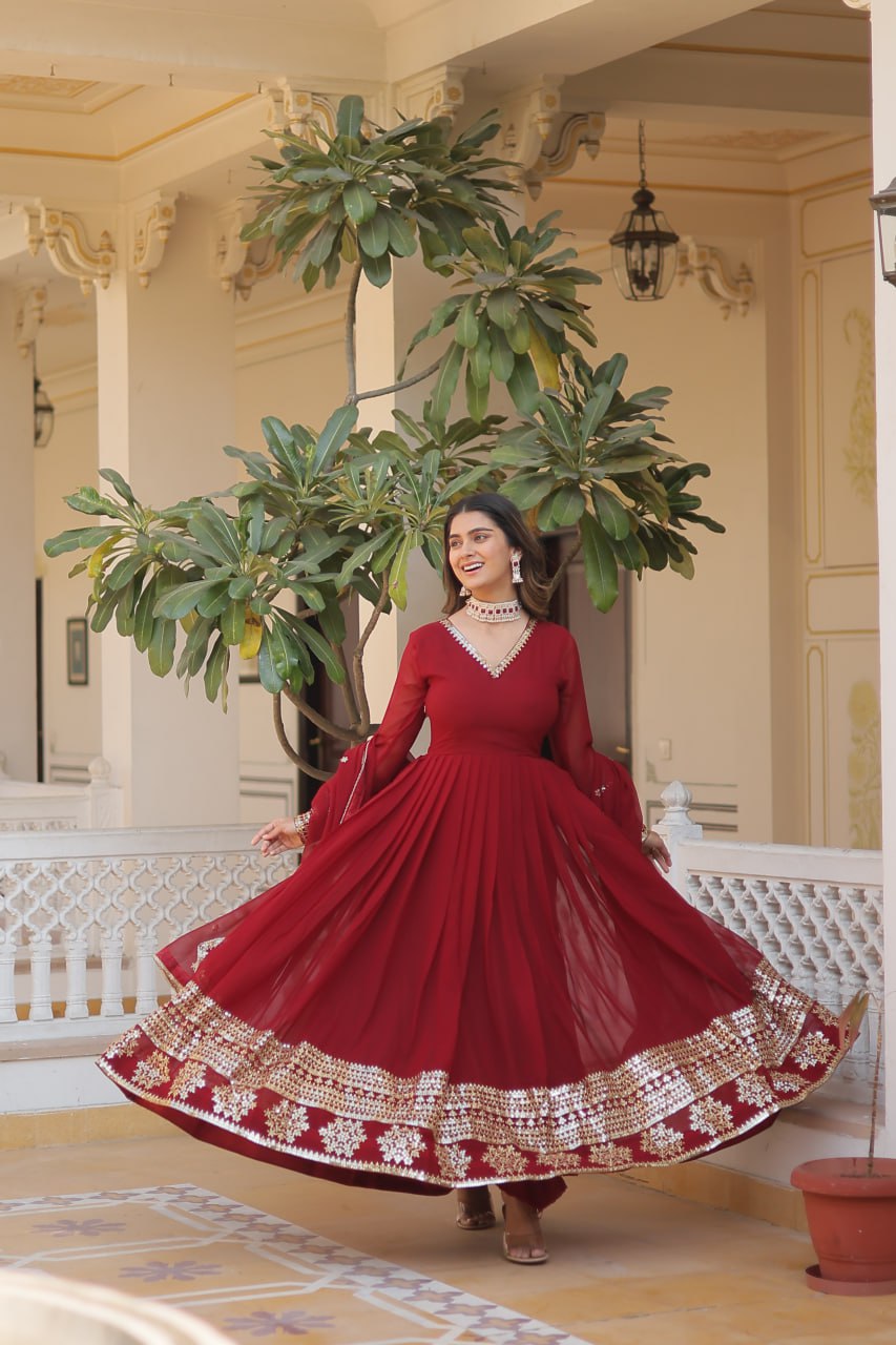 Maroon Sparkling Faux Blooming Gown with Embroidered Sequins & Designer Lace Dupatta