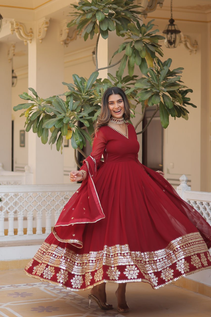 Maroon Sparkling Faux Blooming Gown with Embroidered Sequins & Designer Lace Dupatta