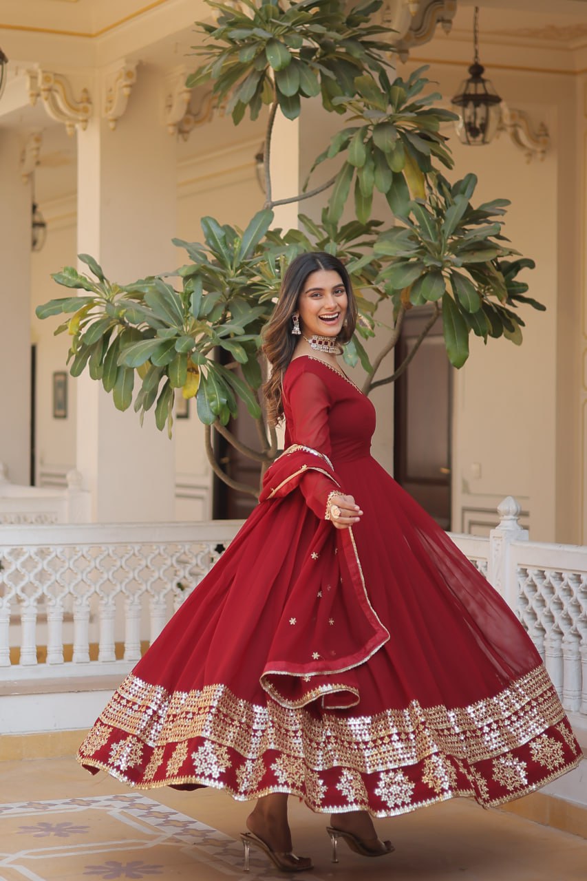 Maroon Sparkling Faux Blooming Gown with Embroidered Sequins & Designer Lace Dupatta