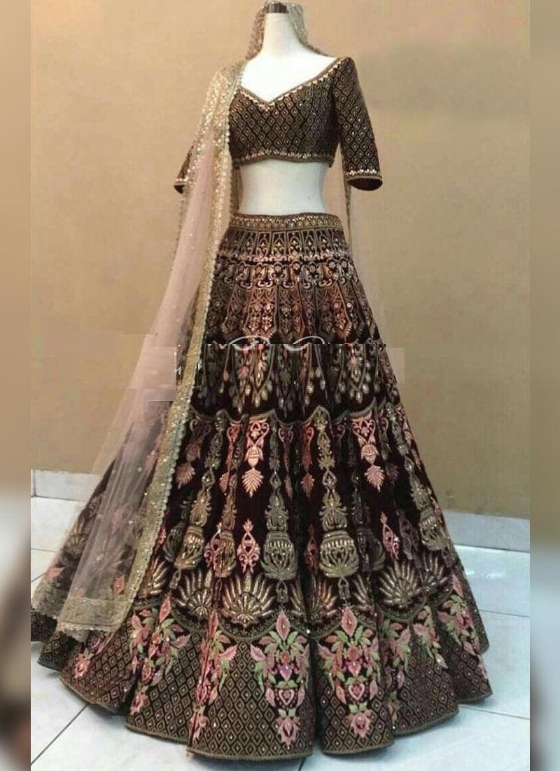 Maroon Stonework Zari and Velvet Lehenga Choli