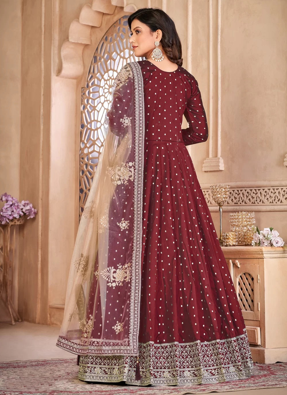 Maroon taffeta silk embroidered anarkali suit