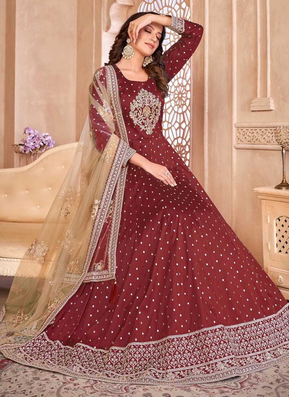 Maroon taffeta silk embroidered anarkali suit